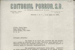[Carta] 1966 jun. 2, Av. República Argentina, México D.F., México [a la] Srita. Doris Dana, Hack Green Road, Pound Ridge, New York, [EE.UU.]