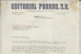 [Carta] 1966 nov. 16, Av. República Argentina, México D.F., México [a la] Srita. Concha Romero James, Embajada de México, Washington, D.C., [EE.UU.]