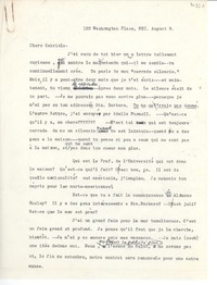 [Carta] Aug. 8, 122 Washongton [i.e. Washington] Place, NYC, [EE.UU.] [a] Gabriela [Mistral]
