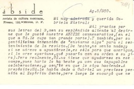 [Tarjeta] 1950 ago. 5, [México D.F.] [a] Gabriela [Mistral], [Fortín de las Flores, México]
