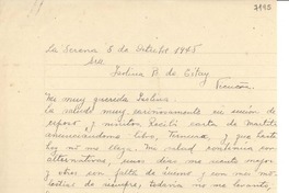 [Carta] 1945 oct. 5, La Serena [a] Isolina B. de Estay, Vicuña