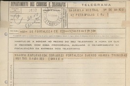 Telegrama 1944 jun. 11, Fortaleza C E, [Brasil] [a] Gabriela Mistral, Petrópolis, R J, [Brasil]