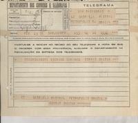 Telegrama [entre 1944 y 1945], San Juan, Puerto Rico [a] Gabriela Mistral, Petrópolis, R J, Brazil