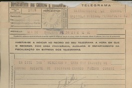 Telegrama 1945 nov. 6, San Juan, Puerto Rico [a la] Cónsul Gabriela Mistral, Petrópolis, R J, [Brasil]
