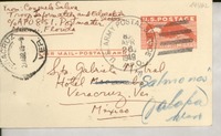 [Tarjeta postal] 1949 abr. 26, Troop Information and Education Section, co APO 851, Post mater, Miami Florida [a la] Srta. Gabriela Mistral, Hotel "Salmones", Jalapa, Veracruz, Ver., México