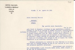 [Carta] 1951 ago. 5, Vicuña, [Chile] [a] Gabriela Mistral, Rapallo, Italia