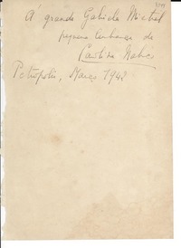 [Carta] 1942 mar., Petrópolis, [Brasil] [a] Gabriela Mistral