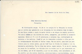 [Carta] 1944 jul. 14, Río de Janeiro [a] Gabriela Mistral, Petrópolis