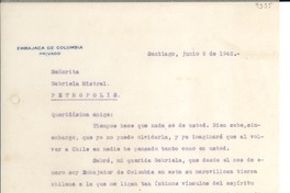 [Carta] 1942 jun. 9, Santiago, [Chile] [a] Gabriela Mistral, Petrópolis, [Brasil]