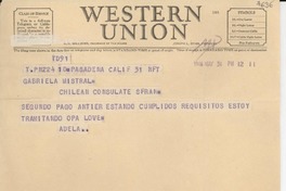 [Telegrama] 1946 mayo 31, Pasadena, California [a] Gabriela Mistral, San Francisco