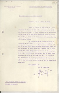 Circular N° 70, 1947 oct. 29, Santiago, [Chile] [a los] Señores Jefes de Misión y Cónsules de Chile