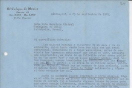 [Carta] 1941 sept. 23, México D.F. [a] Gabriela Mistral, Petrópolis, Brasil