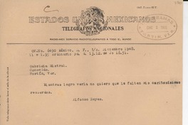 [Telegrama] 1948 dic. 1, México D.F. [a] Gabriela Mistral, Fortín, Ver., [México]