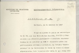 Circular N° 61, 1947 oct. 14, Santiago [a] los señores Jefes de Misión y Consules de Chile