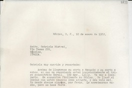 [Carta] 1952 ene. 10, México D. F. [a] Gabriela Mistral, Nápoles, Italia