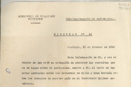 Circular N° 14, 1948 feb. 13, Santiago, [Chile] [a] Los Señores Jefes de Misión y Cónsules de Chile en el exterior