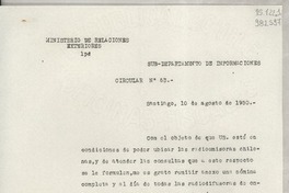 Circular N° 63, 1950 ago. 10, Santiago [a] los señores Jefes de Misiones Diplomáticas y Consules de Chile en el exterior
