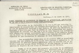Circular N° 20, 1949 mar. 10, Santiago, [Chile] [a] Los Señores Cónsules de Chile en el exterior
