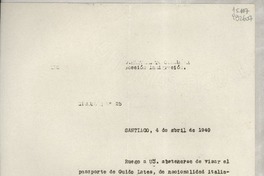 Circular N° 25, 1949 abr. 4, Santiago, [Chile] [a] Los Señores Cónsules de Chile en