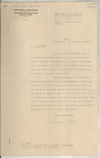 [Memorandum] N° 012370, 1948 oct. 28, Santiago, [Chile] [al] Señor Cónsul de Chile en Santa Bárbara, California, Estados Unidos de América