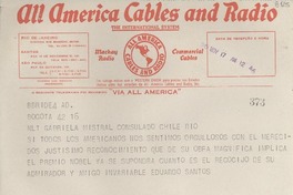[Telegrama] 1945 nov. 17, Bogotá [a] Gabriela Mistral, Río de Janeiro