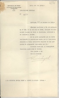 [Memorandum] N° 6924, 1935 oct. 11, Santiago, [Chile] [a la] Señorita Lucila Godoy A., Cónsul de Chile, Lisboa, [Portugal]