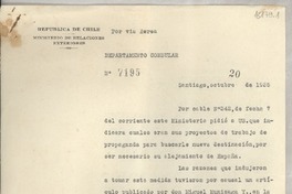 [Memorandum] N° 7195, 1935 oct. 20, Santiago, [Chile] [a la] Señorita Lucila Godoy, Cónsul de Chile, Lisboa, [Portugal]