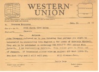 [Telegrama] [1949 dec. 21, [Estados Unidos] [a] Frances Mousseau, Phoenix, Arizona, [Estados Unidos]