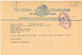 [Telegrama] 1950 may 24, Phoenix, Arizona, [Estados Unidos] [a] Doris Dana, Jalapa, Veracruz, [Mexico]