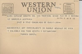 [Telegrama] 1948 abr. 3, Bogotá, Colombia [a] Gabriela Mistral, Los Angeles, [EE.UU.]