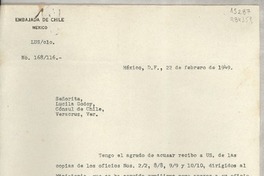 [Oficio] N° 168116, 1949 feb. 22, México, D.F., México [a la] Señorita Lucila Godoy, Cónsul de Chile, Veracruz, Ver., [México]