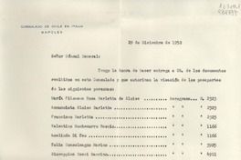 [Memorandum] 1952 dic. 29, Nápoles, Italia [al] Señor Cónsul General de Chile en Génova, [Italia]