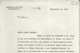 [Oficio] N° 1470, 1953 sept. 24, Washington 6, Embajada de Chile, [EE.UU.] [al] Señor Cónsul General de Chile en Nueva York, N. Y., [EE.UU.]