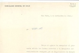 [Oficio] N° 1496-1189, 1953 nov. 2, New York, [EE.UU.] [a la] Señora Gabriela Mistral, Cónsul de Chile adscrito al Consulado General en New York, [EE.UU.]
