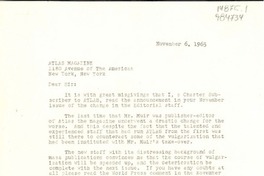 [Carta] 1965 nov. 6, New York, [Estados Unidos] [a] Atlas Magazine, New York, [Estados Unidos]
