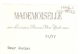 [Carta] [1970?] nov. 17, [New York, Estados Unidos] [a] Doris [Dana], [Estados Unidos]