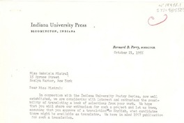 [Carta] 1955 oct. 21, [Bloomington, Indiana, Estados Unidos] [a] Gabriela Mistral, Roslyn Harbor, New York, [Estados Unidos]