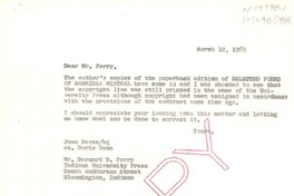 [Carta] 1965 mar. 12, [Estados Unidos] [a] Bernard B. Perry, con copia a Doris Dana, Bloomington, Indiana, [Estados Unidos]