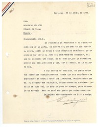 [Carta] 1934 abr. 28, Santiago, [Chile] [a] Sta. Gabriela Mistral, Cónsul de Chile, Madrid