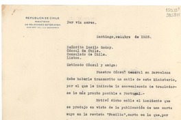 [Carta] 1935 oct., Santiago, [Chile] [a] Señorita Lucila Godoy, Cónsul de Chile, Lisboa