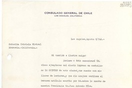 [Carta] 1946 ago. 8, Los Angeles, [Estados Unidos] [a] Señorita Gabriela Mistral, Monrovia, California