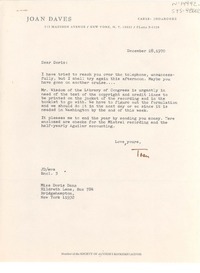 [Carta] 1970 dec. 28, [New York, Estados Unidos] [a] Doris Dana, Bridgehampton, New York, [Estados Unidos]