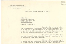 [Carta] 1947 oct. 29, Santiago, [Chile] [a] Señorita Gabriela Mistral, Cónsul de Chile en Santa Bárbara