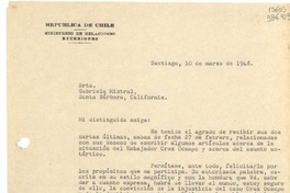 [Carta] 1948 mar. 10, Santiago, [Chile] [a] Srta. Gabriela Mistral, Santa Bárbara, California