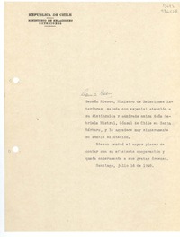 [Carta] 1948 jul. 16, República de Chile, Ministerio de Relaciones Exteriores, Santiago, Chile [a] Doña Gabriela Mistral, Cónsul de Chile en Santa Bárbara, [EE.UU.]