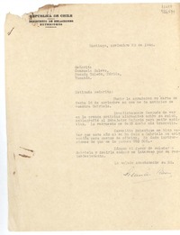 [Carta] 1948 nov. 23, República de Chile, Ministerio de Relaciones Exteriores, Santiago, Chile [a la] Señorita Consuelo Saleva, Posada Toledo, Mérida, Yucatán, [México]