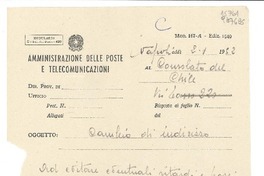 [Carta] N° 220351, 1952 genn. 2, Napoli, [Italia] [al] Consolato del Chile a Napoli, [Italia]