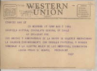 [Telegrama] 1946 mar. 7, New York, [EE.UU.] [a] Gabriela Mistral, Consulato General of Chile, 61 Broadway, NYK, [EE.UU.]