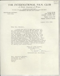 [Carta] 1952 Aug. 15, London, [Inglaterra] [a] Sra. Gabriela Mistral, Consulado de Chile, Naples, Italy