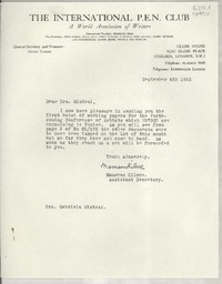 [Carta] 1952 Sept. 4, Glebe House, 6263 Glebe Place, Chelsea, London, S.W. 3, London, [England] [a la] Sra. Gabriela Mistral